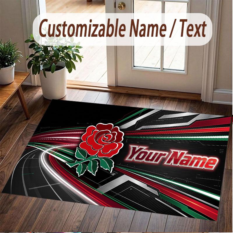 Custom Rug England Rugby Pattern Print Name Text Soft Non‑Slip Floor Carpet for Home Indoor Decoration