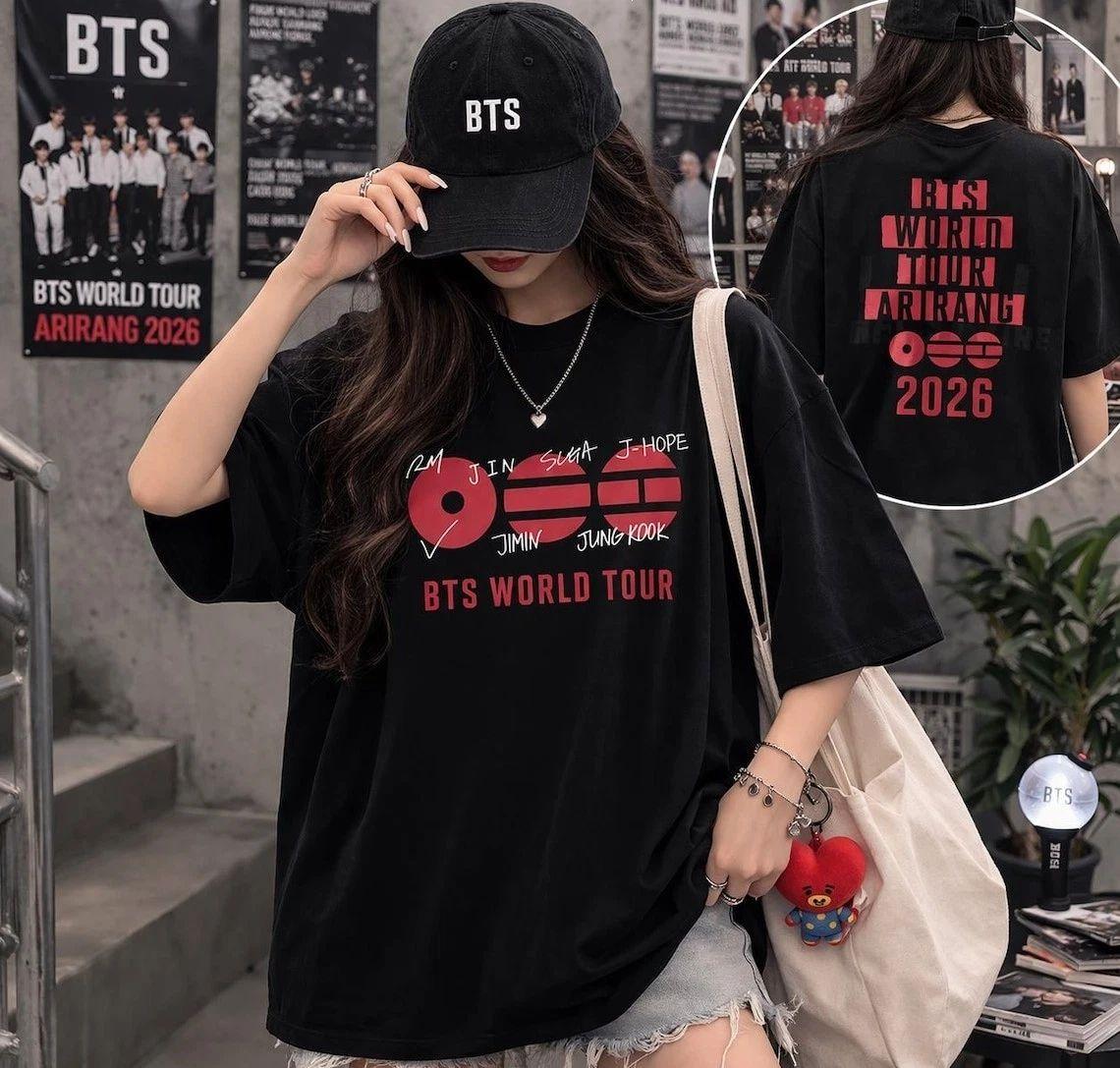 World Tour ARIRANG 2026 Graphic T-Shirt, Kpop Bangtan Boys Fan Tee Vintage Style Fan Tee Casual Crew Neck T-shirt Unisex L