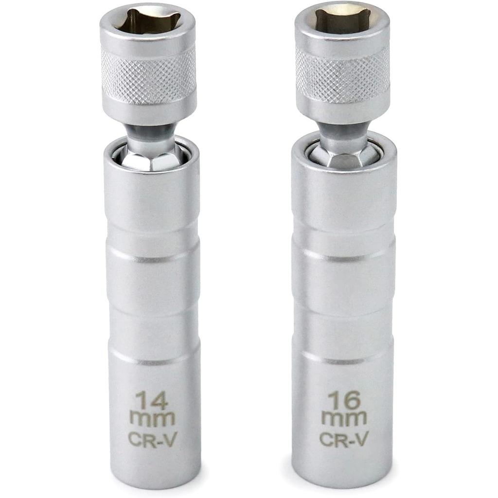 14mm&16mm Magnetic Swivel Spark Plug Socket, Thin Wall Magnetic Rotating 3/8" Drive 12 Point Standard Spark Plug Socket Removal Tool 360-degree
