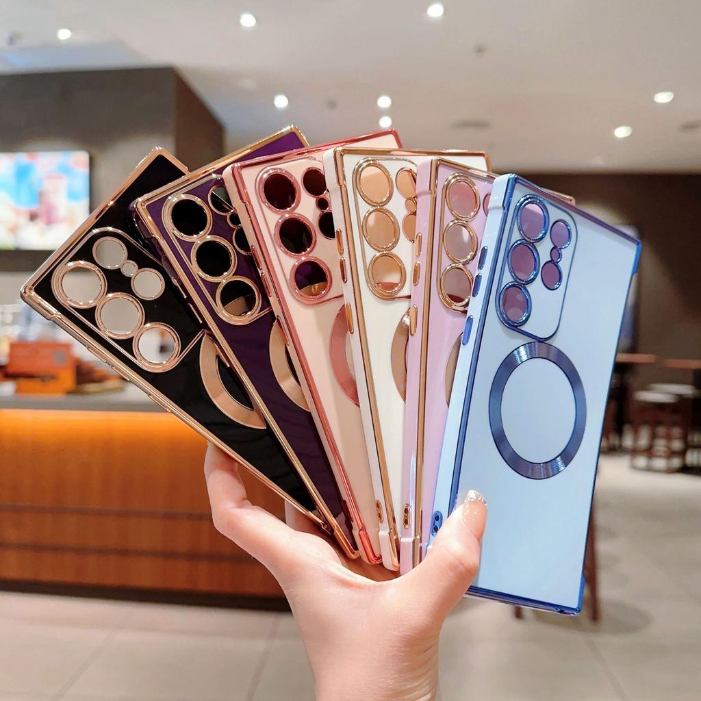 High Quality Applicable To Samsung S23ultra Magnetic Case S22U Solid Color Electroplating Mobile Phone Case S21Uaa Straight Edge Protection