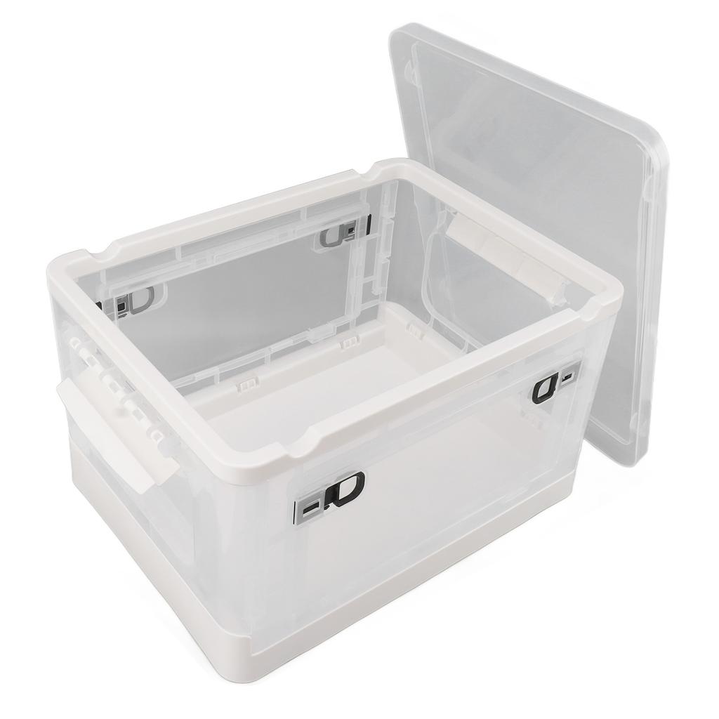 Clear Storage Box Foldable Stackable 3 Sides Opening Transparent Organizer Bin with Wheels for Books Clothes M (55L)