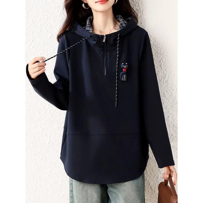 

Повседневный худи с капюшоном и клетчатой вставкой для женщин, новый осенне-зимний свободный бархатный топ L темно-синий