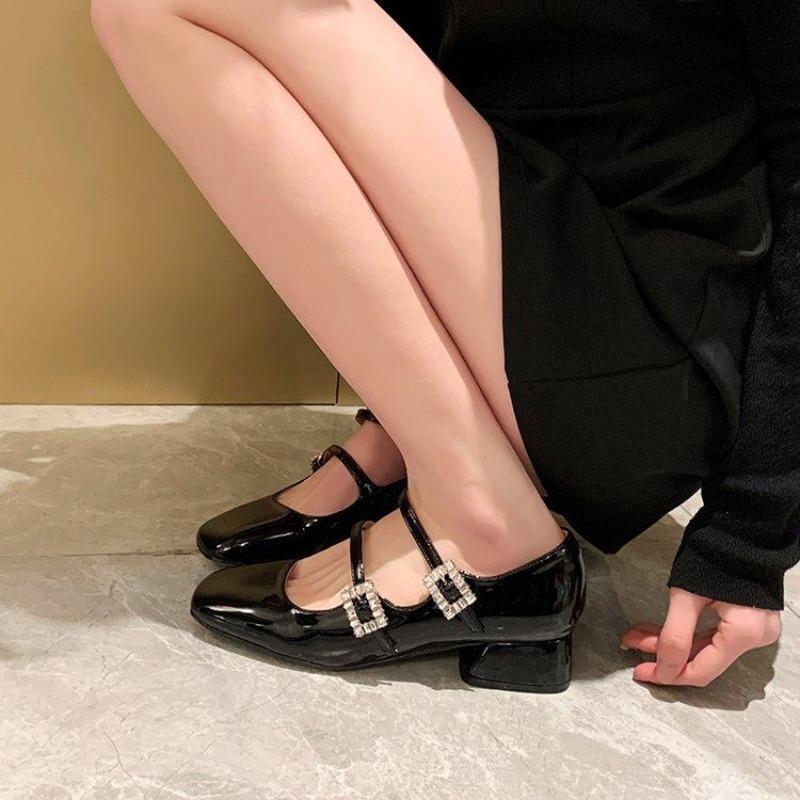 Patent Leather Crystal Women Mary Jane Shoes Fashion Shallow Buckle Strap Shoes Vintage Spring Autumn Stripper Party Shoes