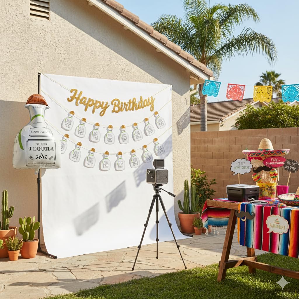 Tequila Bottle Banner (16pc, 12ft Gold String) 21st Birthday Decorations, Moo Moos and Margaritas Margs and Matrimony Garland Bachelorette Party