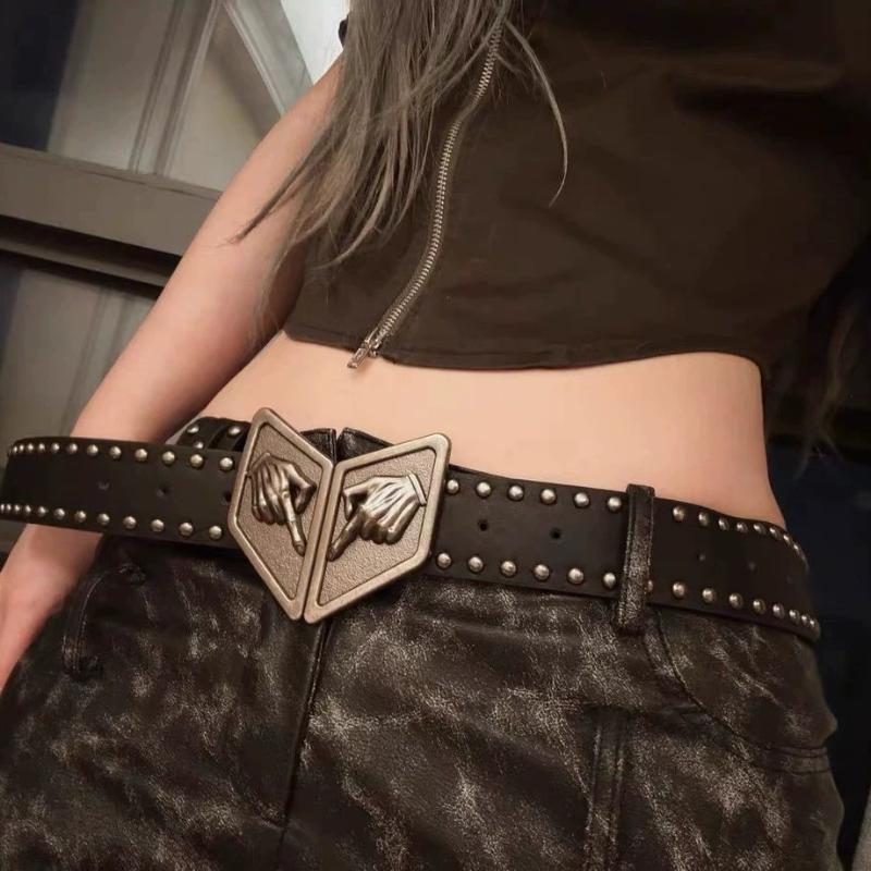 Anime Cosplay Rivet Faux‑Leather Waist Belt Unique Gesture‑Shaped Metal Buckle Decor Unisex Punk Trouser Strap Fashion Accessory