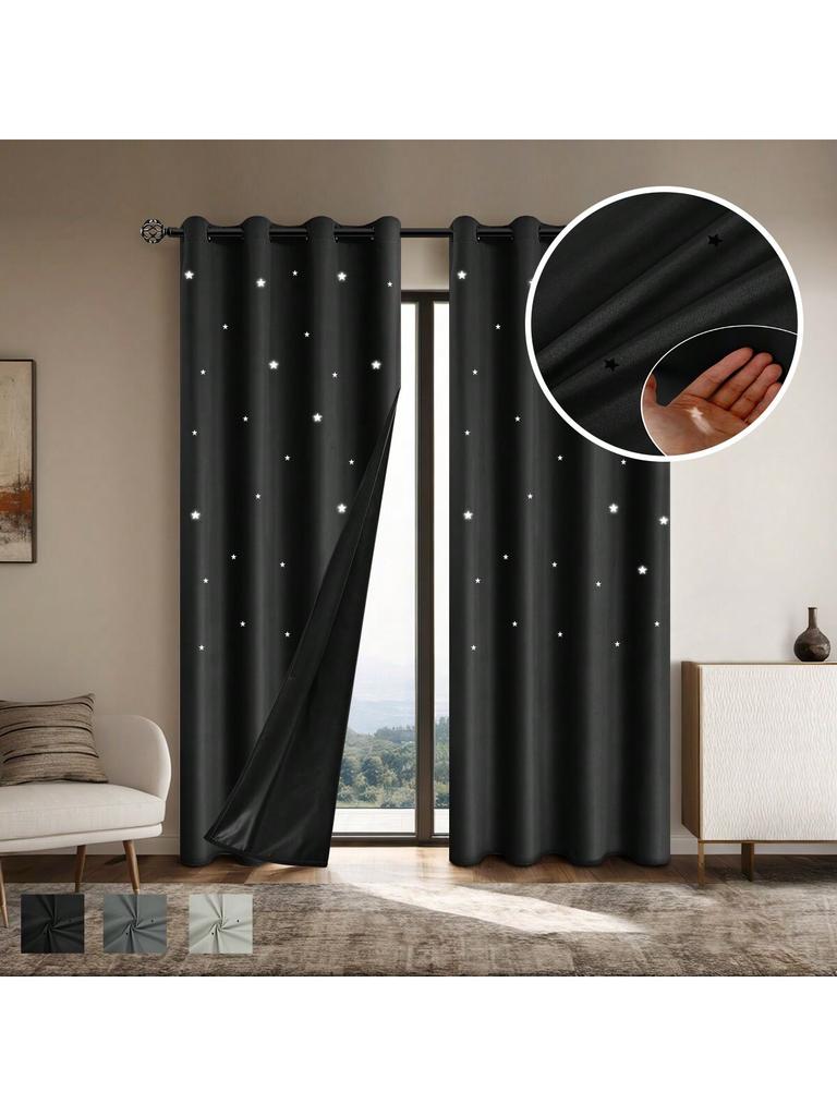 1pc Romantic Hollow Star Blackout Drape Panels, Full Light Blocking Textured Window Curtains for Bedroom, Living Room