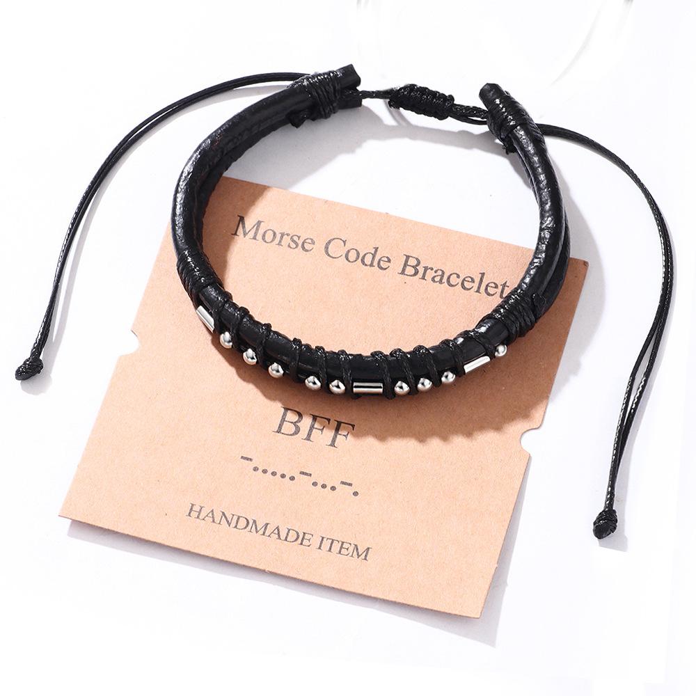 Leather Bracelet Morse Code Stainless Steel Beads Bracelet