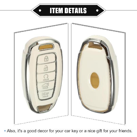 Key Fob Cover Compatible for Hyundai Elantra, 5 Buttons Silver Tone Edge Fashion Soft TPU White Remote Keyless Smart Key Fob Case Protection Shell