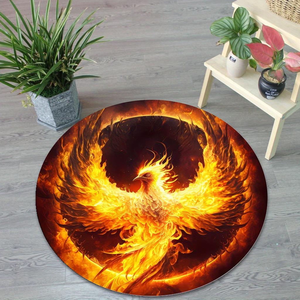 1pc Phoenix Fire Bird Round Rug Mythical Creature Floor Mat Living Room Statement Piece Bold Artistic Design Heat Resistant