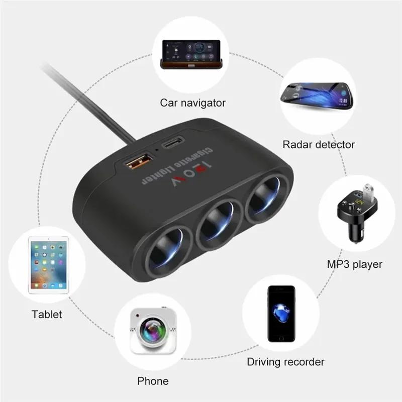 Dual USB 3 in 1 Socket 120W Car Cigarette Lighter Splitter 12V 24V Fast Charger Plug Phone Power Adapter for Car DVR GPS Dashcam