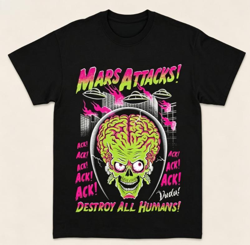 Black Crew Neck Tshirt Vintage Retro SciFi Horror Graphic Alien Invader UFO City Scene Unisex Cotton Short Sleeve Tee