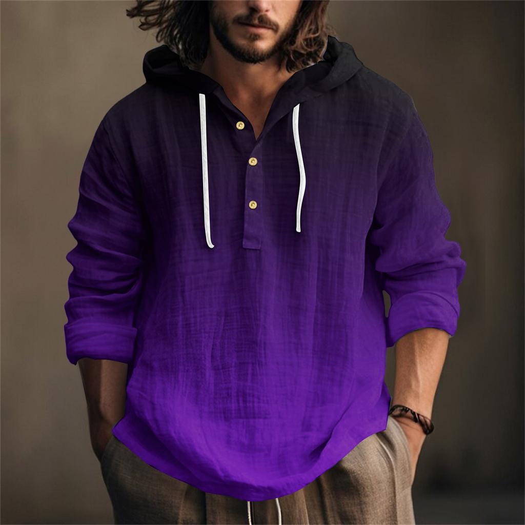 Camicia da Uomo Stampata in Cotone e Lino con Cappuccio a Maniche Lunghe con Cappuccio Primavera ed Estate Casual da Indossare Tutti i Giorni