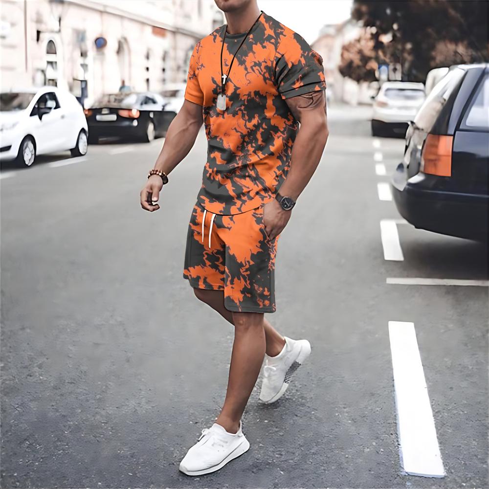 Men Summer Sets T Shirt Shorts 2 Piece Outfits Mesh Workout Tracksuits Oversized T-shirts Suits Print Sportswear Men's Clothing