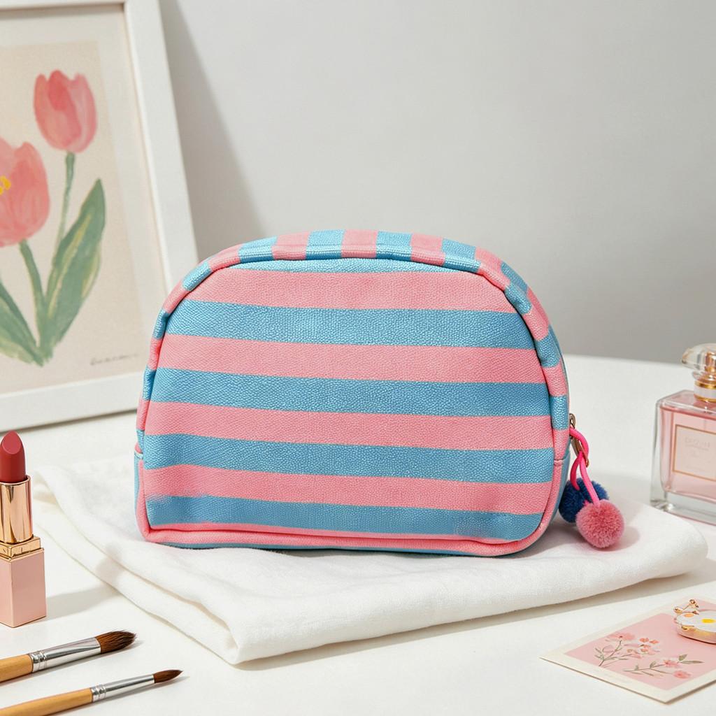 Canvas Striped Half Moon Makeup Bag With Zipper For Travel And Home Storage