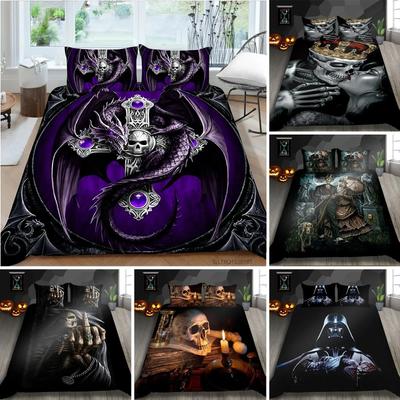 Funda Nórdica Rey Reina Esqueleto Juego de Ropa de Cama Calavera para Niños Adolescentes Adultos Decoración de Dormitorio de Halloween Funda de Edredón Suave Fundas de Almohada