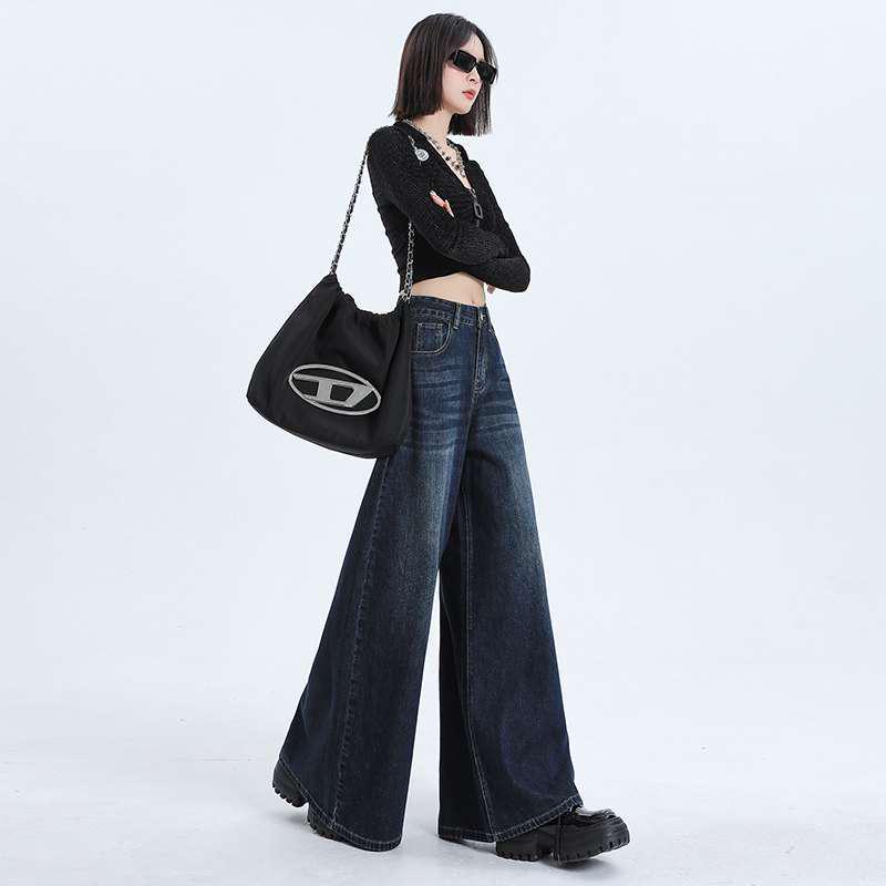 Neue Damen High Waist Schlaghose mit weitem Bein - Gewaschenes Tiefblau Retro Mode Bodenlange Hose
