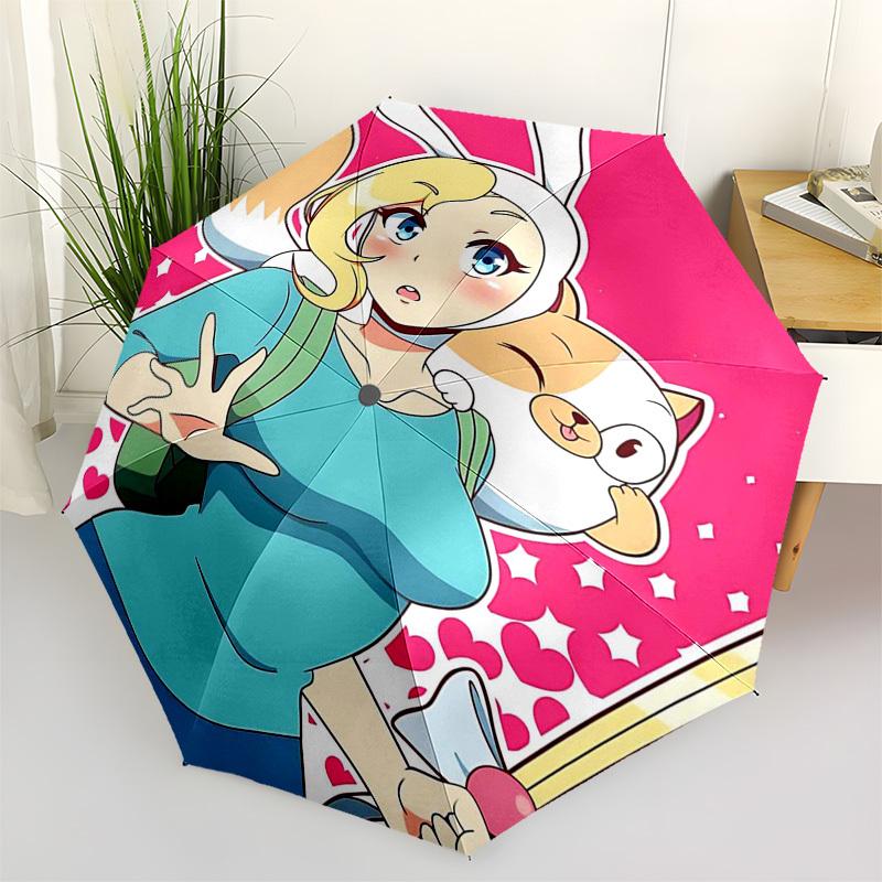 

1pc Outdoor Umbrella with Adventure Time Fionna and Cake Design - Automatic Opening/Closing, Portable Tri-Fold Design, 8-Rib Iron Frame, Perfect