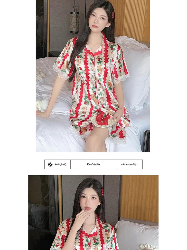 Sweet Strawberry Bunny Christmas Style Women's Ice Silk Pajamas Set: Short Sleeve Summer Homewear
