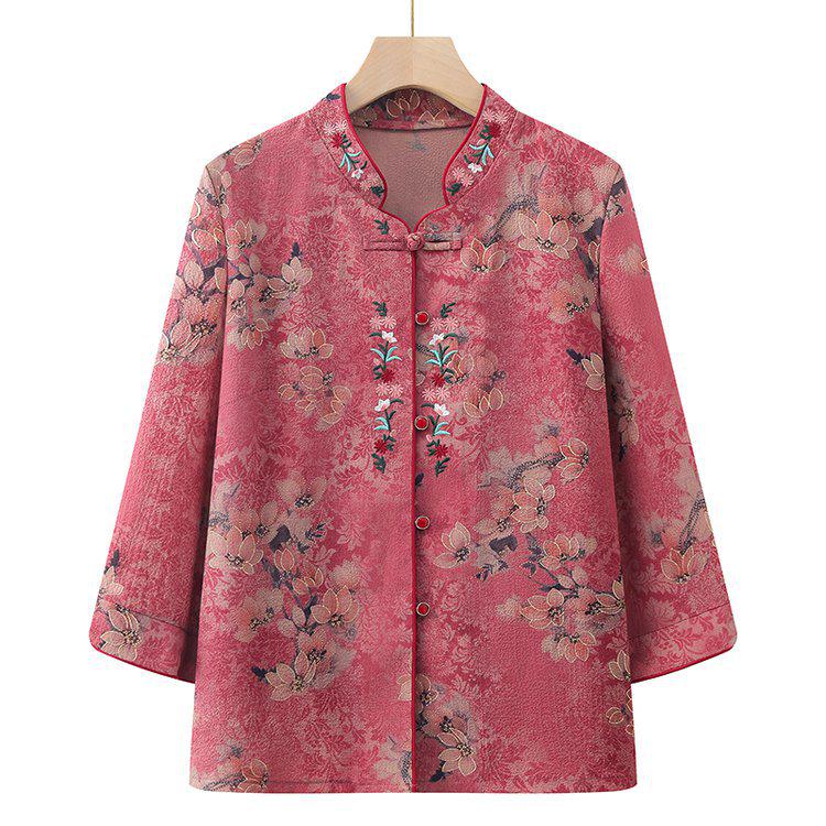Stylish Casual Women's Chinese-Style Embroidered Floral Long Sleeve Shirt Jacket - Spring/Autumn Thin, Large Size, Stand Collar.