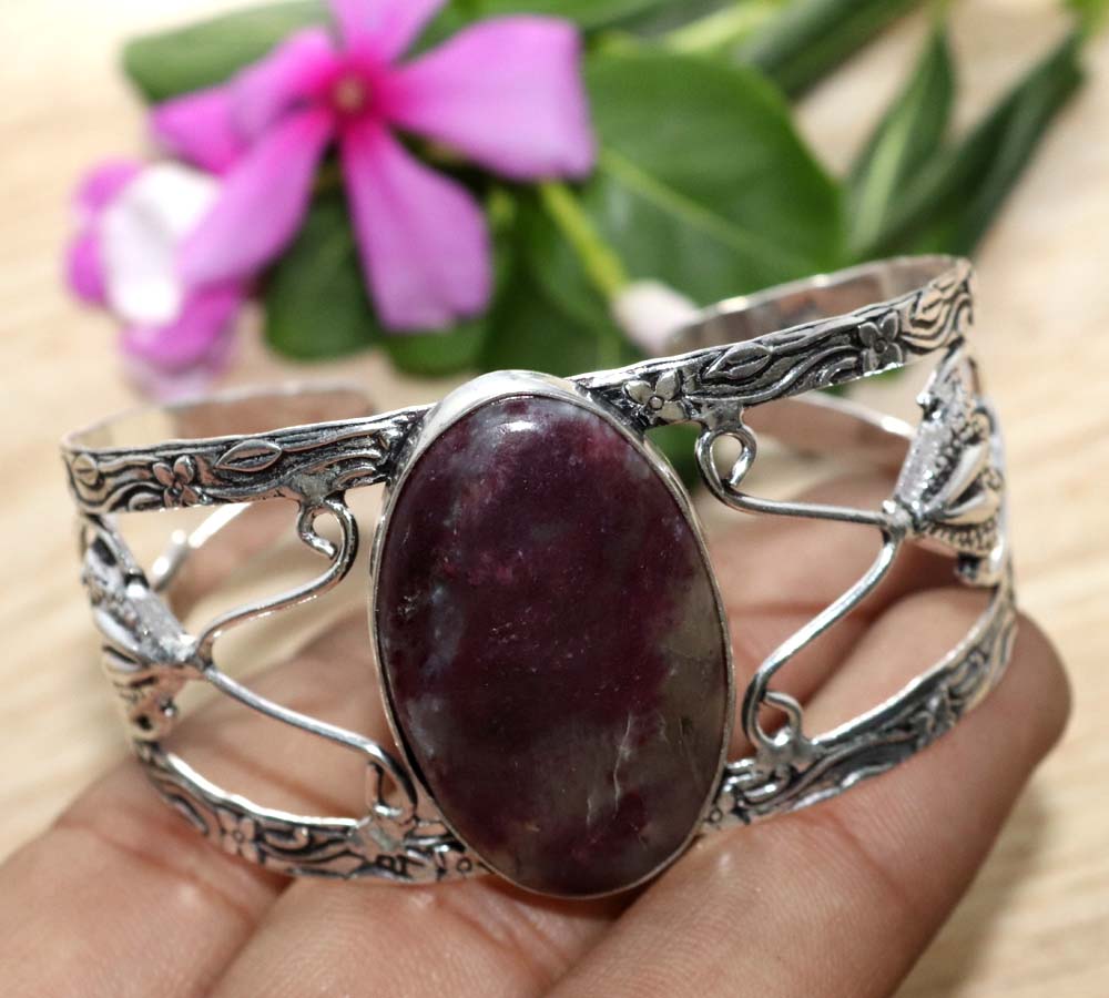 Huge Lepidolite 925 Silver Plated Bangle 6.5" Modern Design Most Beautiful c7m37
