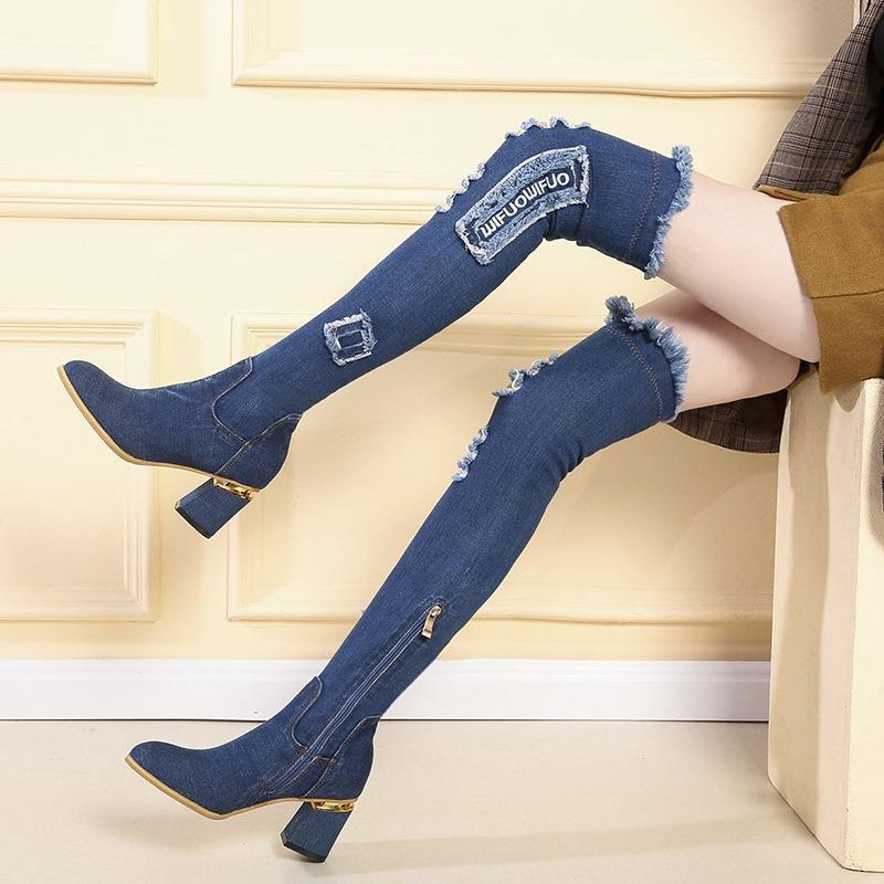 Damen-Jeansstiefel mit über dem Knie, spitze Zehenpartie, dicke High Heels, Schuhe für Damen, Herbst, lässig, Quaste, Jeans, lange Stiefel, Botas Mujer