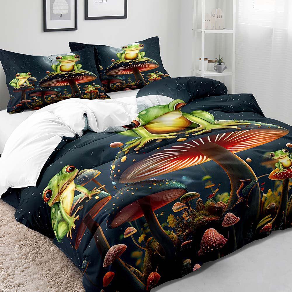 Frog Mushroom Three-Piece Quilt Cover 3D Digital Printing Bedding Set Bed Cover