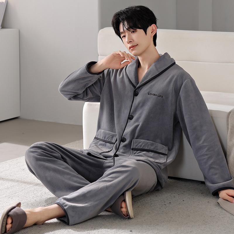 Pajamas Men'S Autumn And Winter Coral Fleece Fleece Thickened Men'S Flannel Can Be Worn Outside Men'S Loungewear Suit
