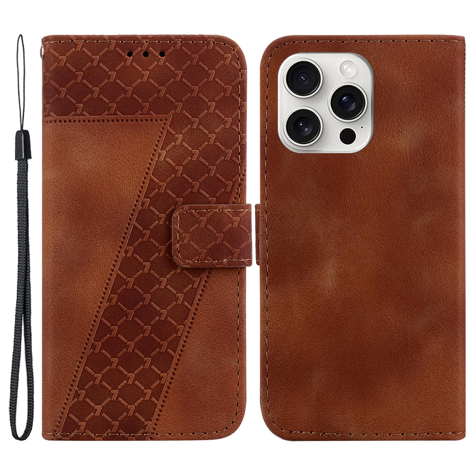 

For iPhone 16 Pro Max Case 7-Shaped Pattern Leather Shockproof Phone Cover Brown