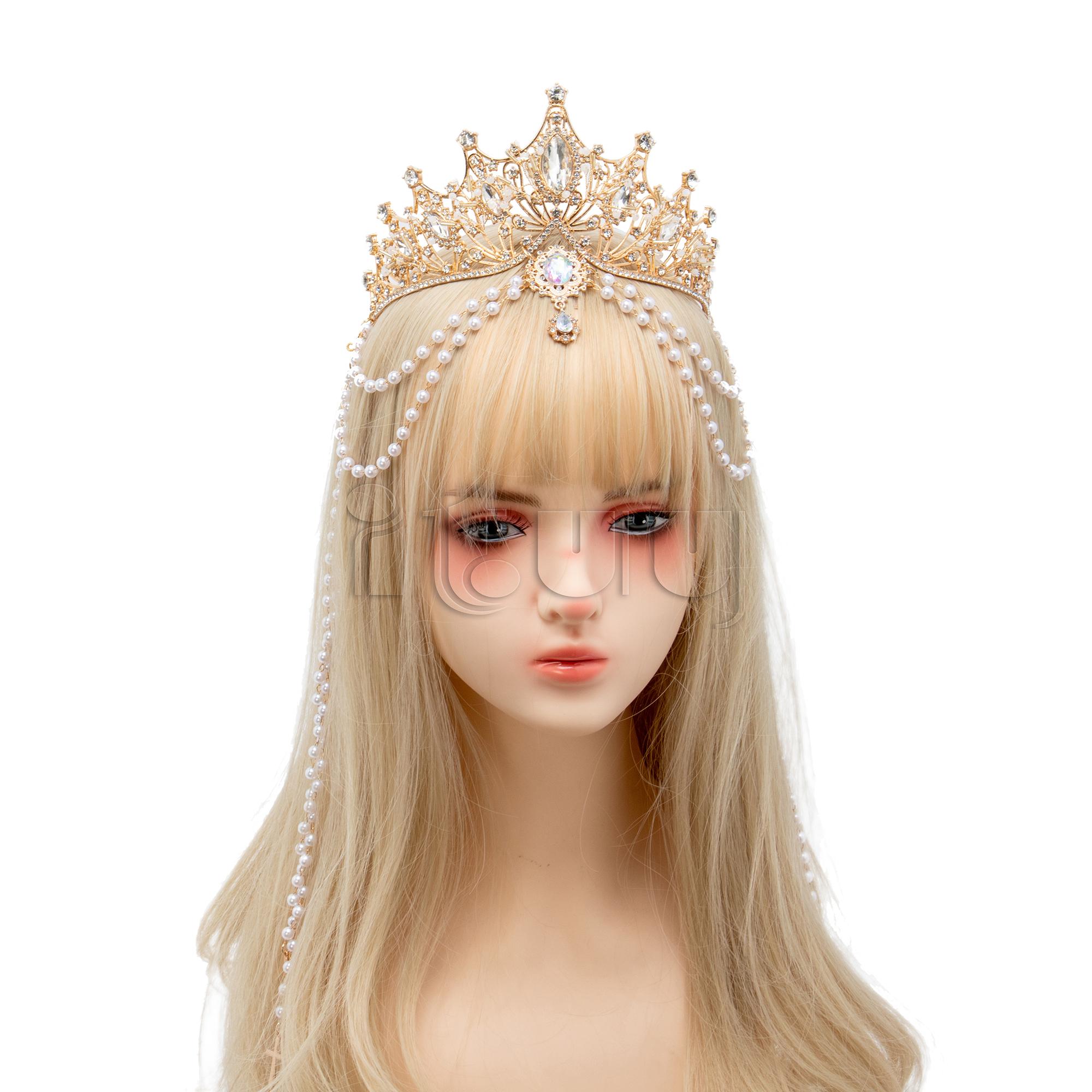 

Halo Crown Lolita Princess Gold Black Crown Headpiece Queen Pope Gothic Gorgeous Bead Chain Pendant Hair Accessories Headdress золотой