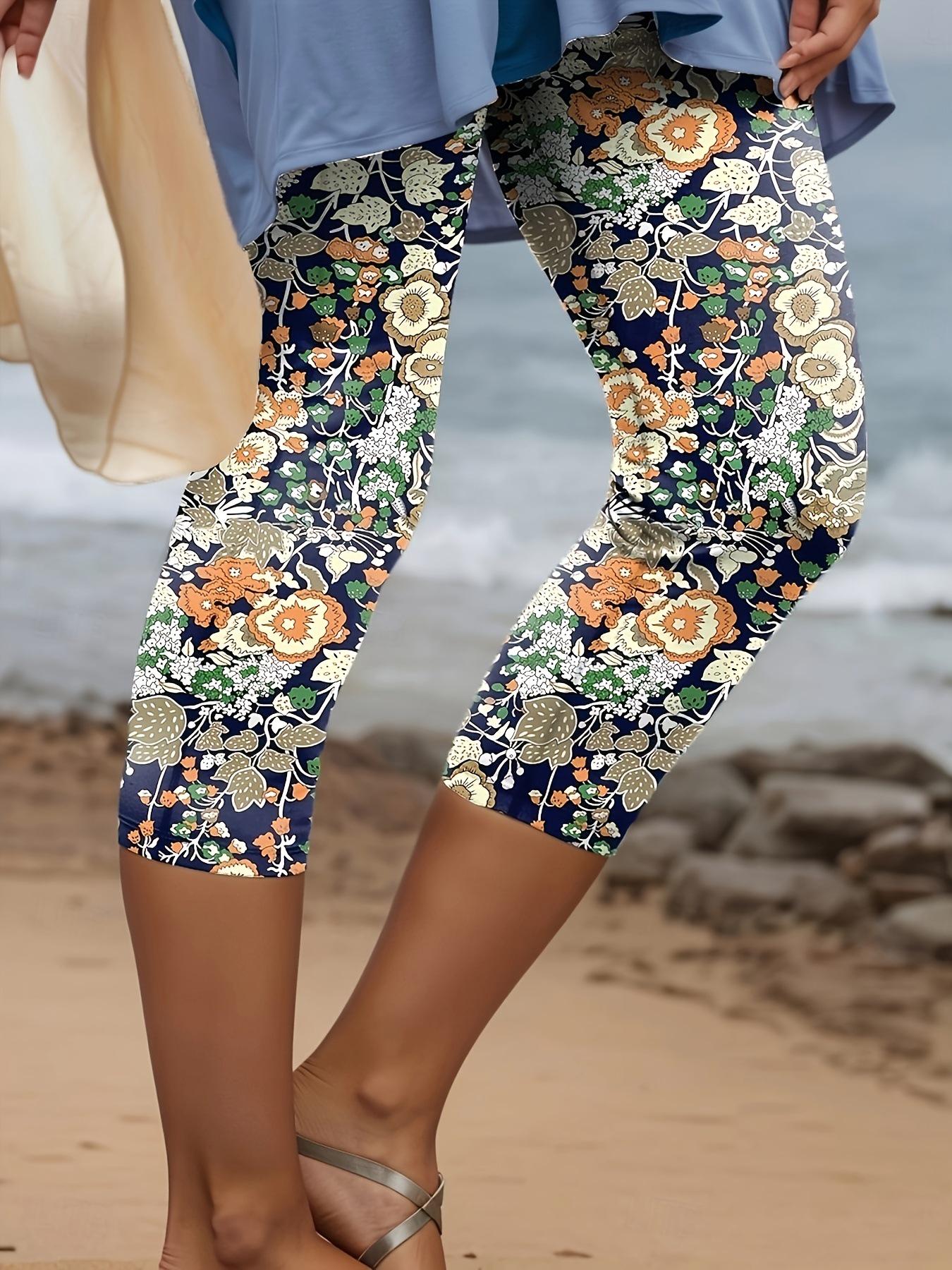 

Women s Floral & Geometric Print Capri Leggings - Elastic & Comfortable Spring Base Layer Pants L
