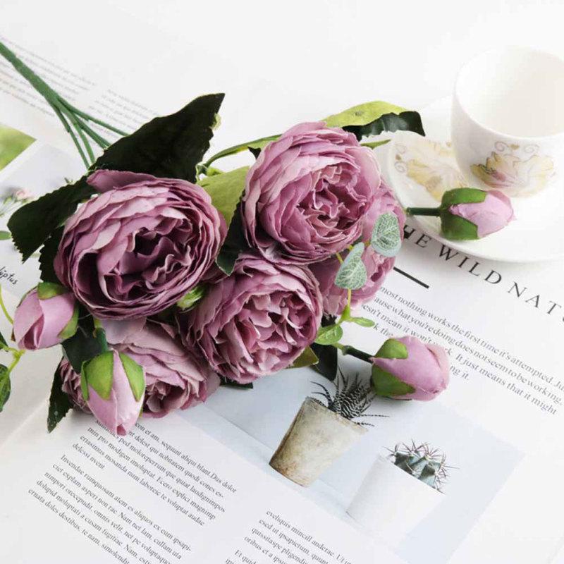 5 Heads Artificial Rose Fake Flower Bouquet for Home Wedding Decoration