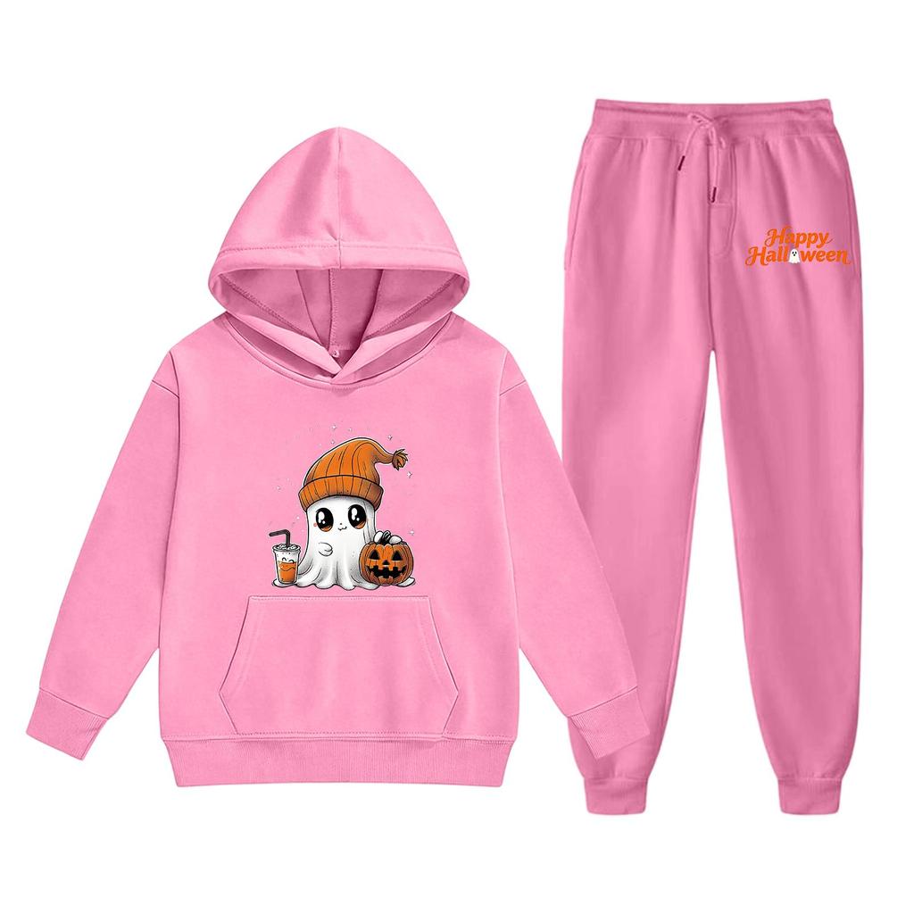 Kids Halloween Hoodie Set Long Sleeve Pullover Top and Pants with Ghost Pumpkin Print Comfortable Fit for Boys and Girls