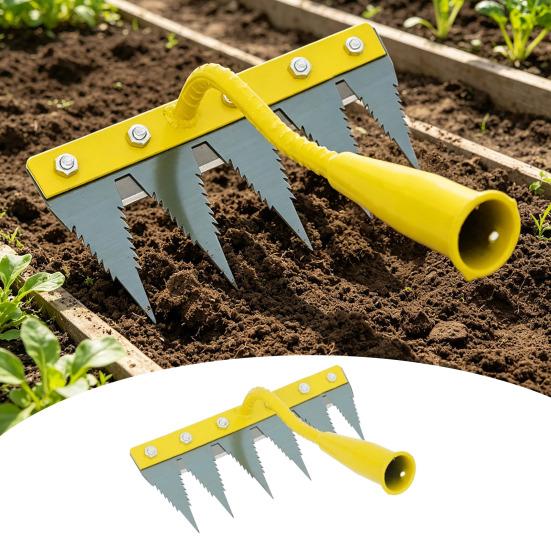Weeding Rake with High Carbon Steel Teeth Wooden Handle Garden Weed Remover Lightweight Weeder Tool
