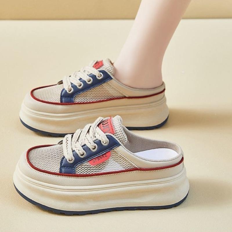 

Fashion 2025 Summer New Closed Toe Women s Slippers Round Toe Platform lace Up Sandals Outdoor Mixed Colors Daily Casual Mesh Slippers 35 синий