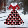 Women's Casual Dress Long-Sleeve V-Neck Patchwork Fleece Christmas Print Dress