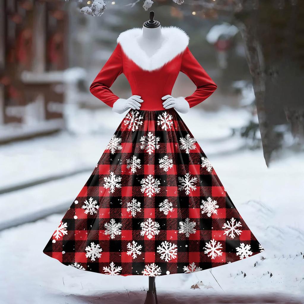 Women's Casual Dress Long-Sleeve V-Neck Patchwork Fleece Christmas Print Dress