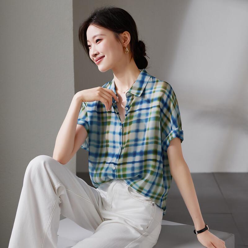 SOFSIL Women's Retro Plaid Silk Short-Sleeve Shirt