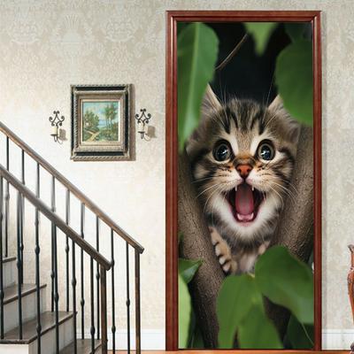 1Pcs Cute Cat Porch Vinyl Door Sticker For Bedroom Home Decor Self Adhesive Removable Wall Decal Door Renovation Waterproof Poster