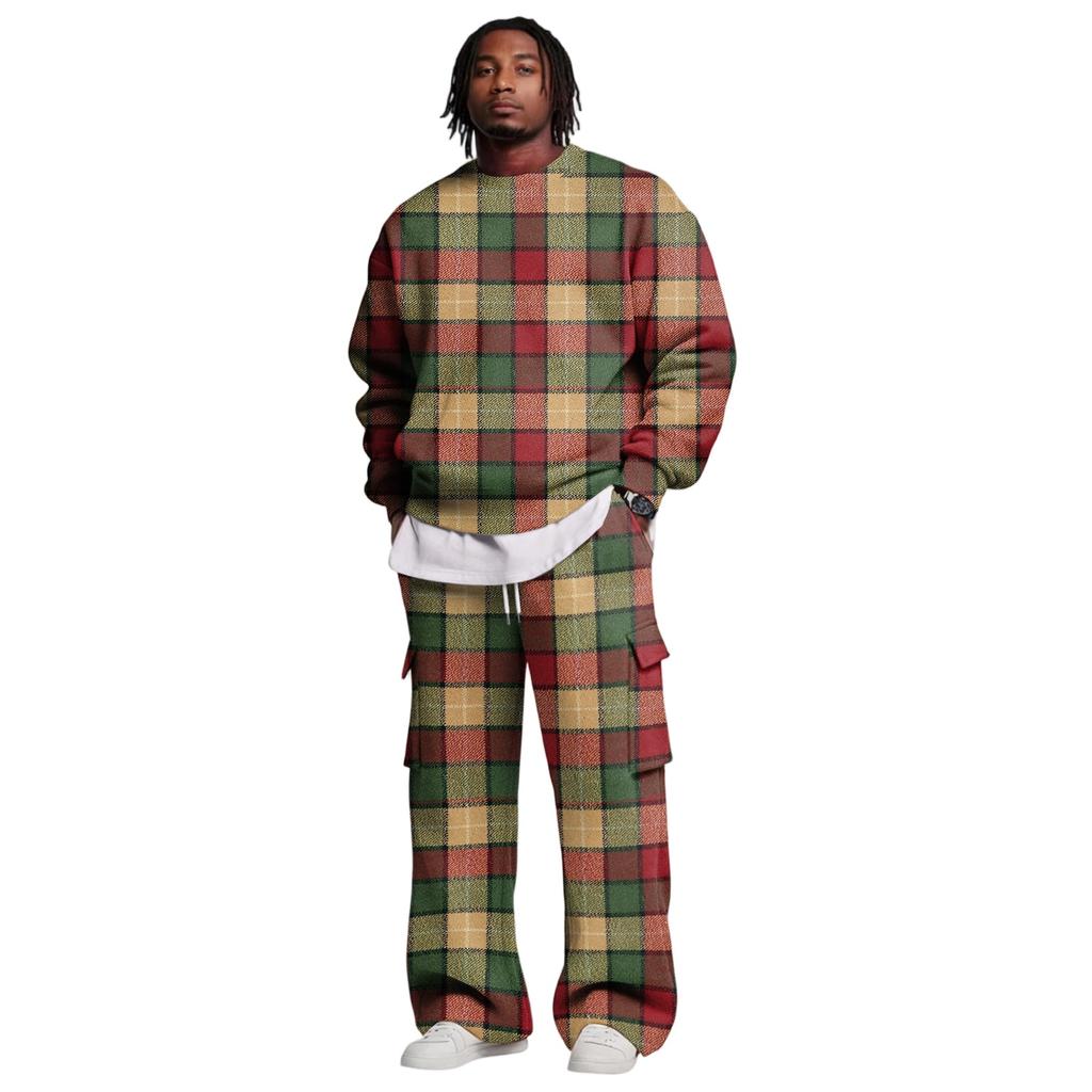 Men's Layer Crewneck Sweatshirt and Cargo Pants Set with Elastic Waist