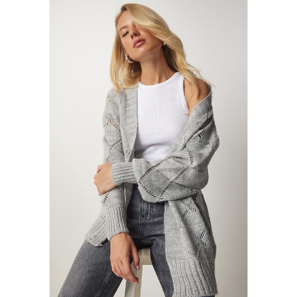 Brauner, durchbrochener Strick-Cardigan mit Rautenmuster für Damen Mc00212