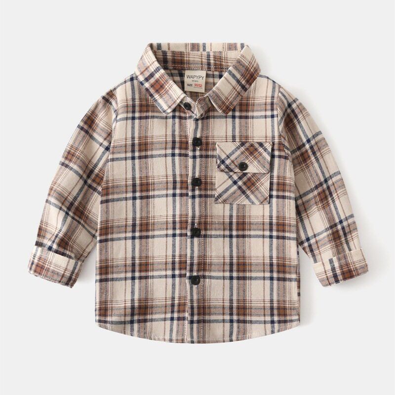 Children's Collared Shirt for Spring and Autumn, Boys' Brushed Plaid Long-Sleeve Shirt, Baby Boy's Square Collar Pure Cotton Casual Top