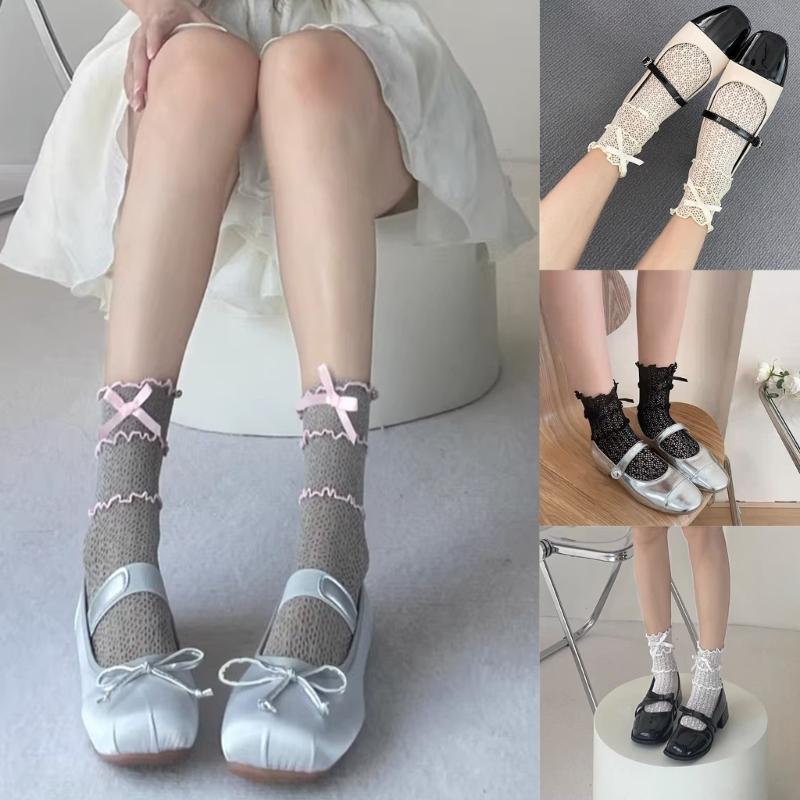 Lace Calf Socks Bowknot Middle Tube Sock Summer Hollow Out Stocking for Student Girl Lady Japanese Style Socks