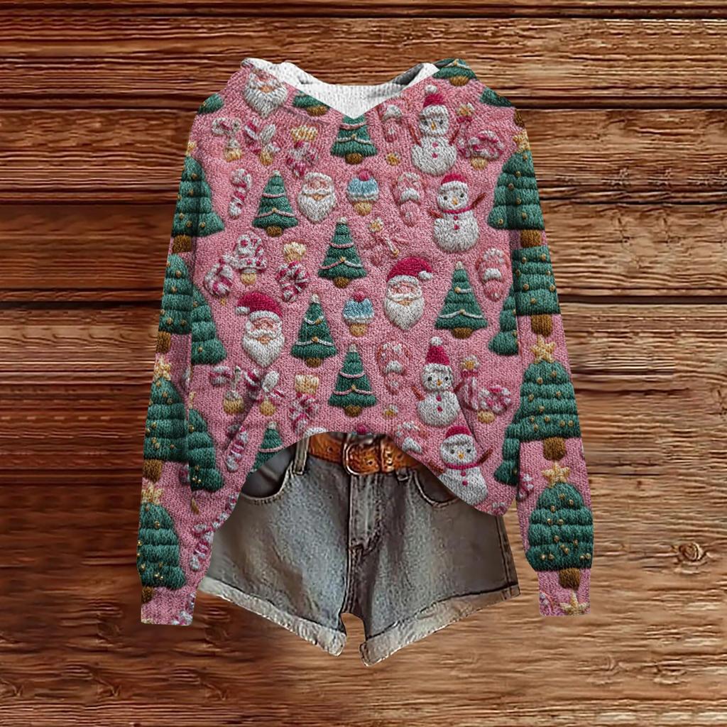 Women's Fashion Casual Long Sleeve Christmas Print Hooded Knitted Sweatshirt
