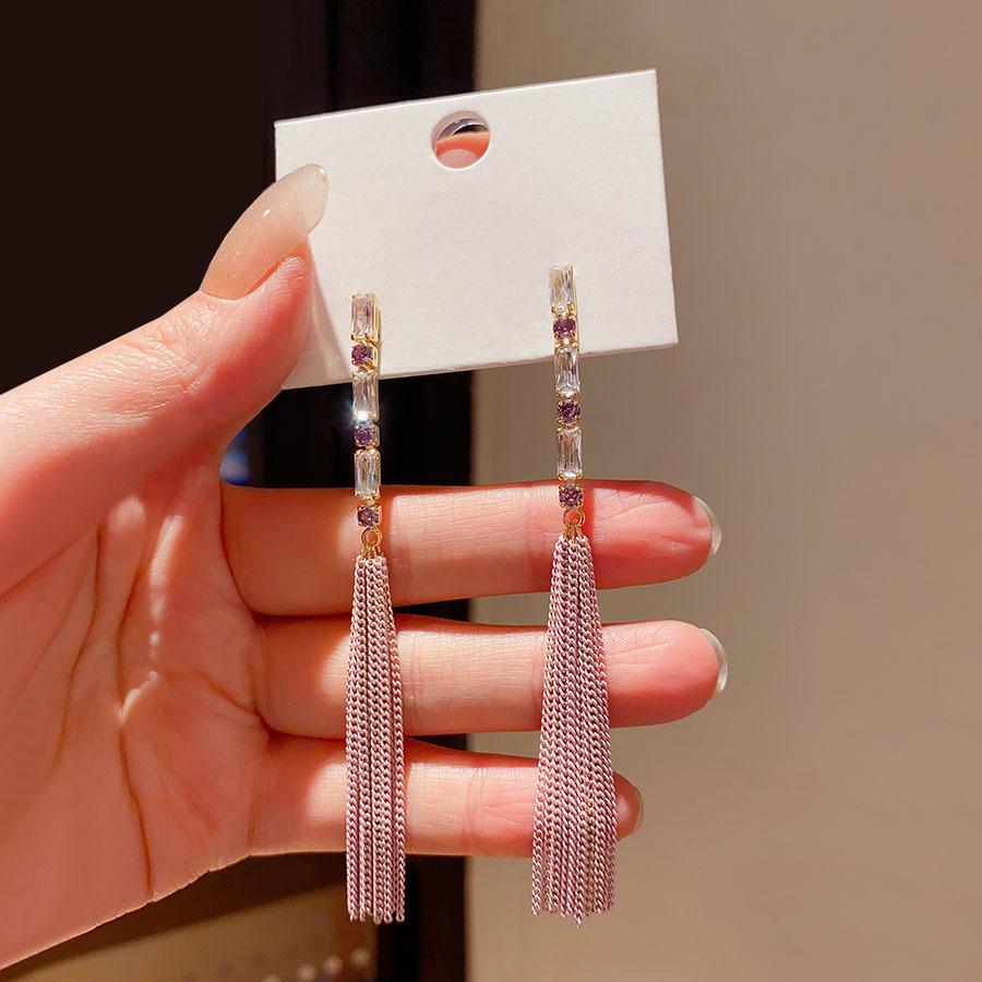 Silver needle zircon chain fringed earrings Japan and Korea fashion elegant exquisite commuter earrings light luxury high-end earrings women