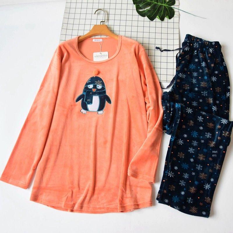 

Women s Gold Velvet round Neck Long Sleeves Pants Pajamas Spring & Fall Winter Thin Velvet Loose Casual Homewear Suit Orange XL
