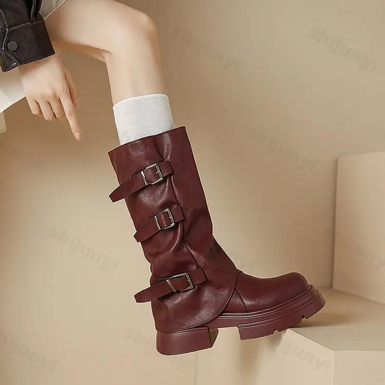 New Winter Punk Chunky Heels Designer Buckle Riding Boots Cool Fashion Street Knee High Motorcycles Boot Shoes For Women