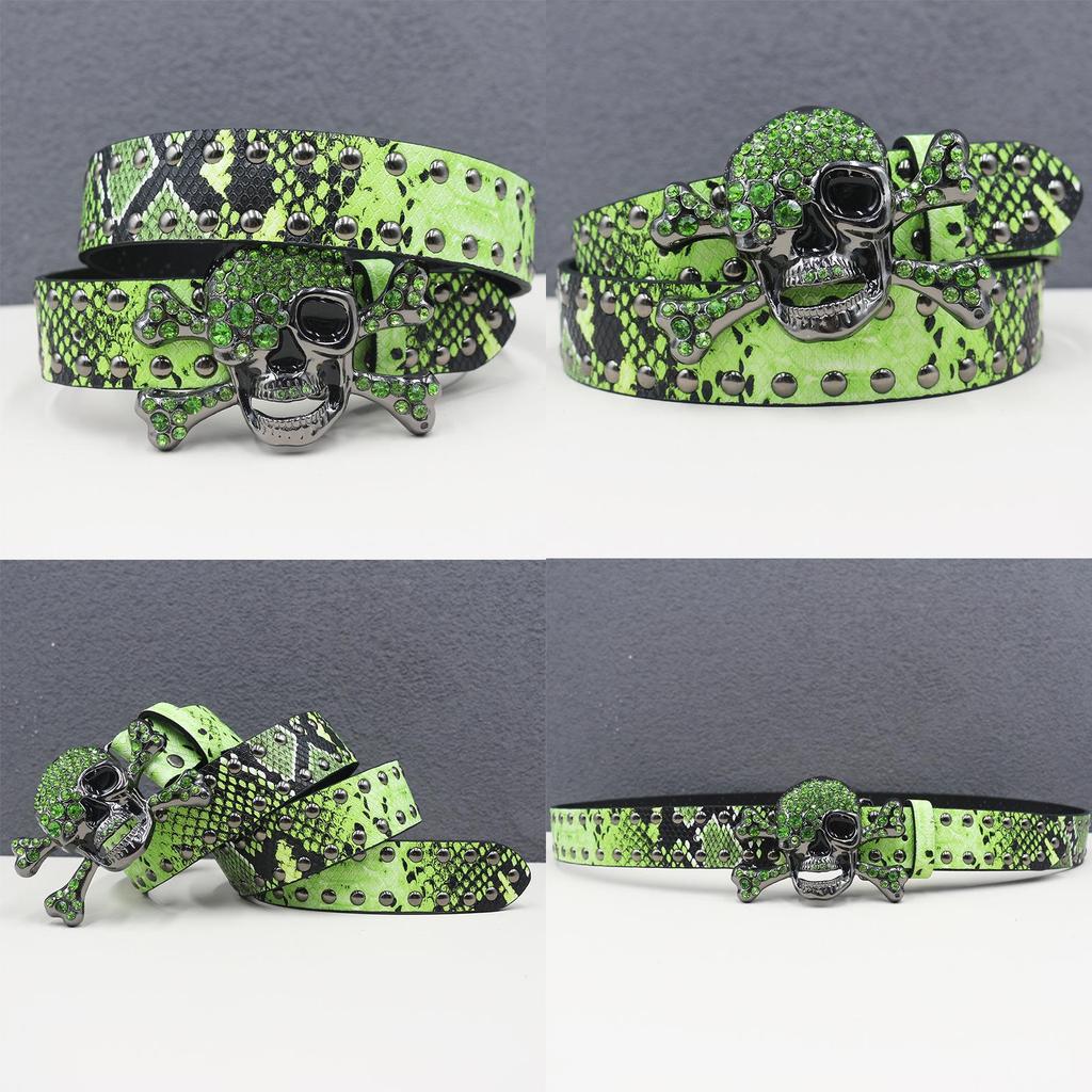 Y2K Rhinestone Skull & Snake Punk Belt - Unisex Leather with Rivet Decoration