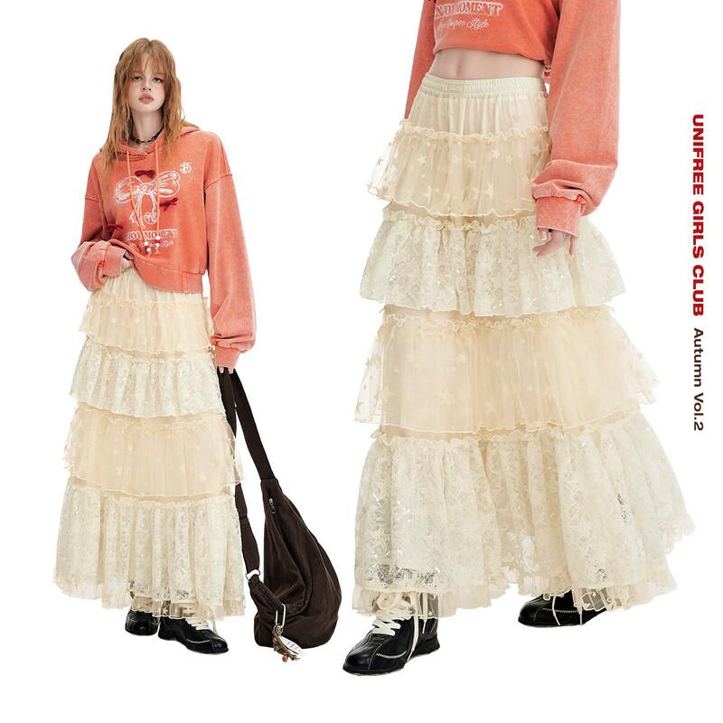 UNIFREE Princess Style Ruffle Lace High-Waist Tiered Skirt S