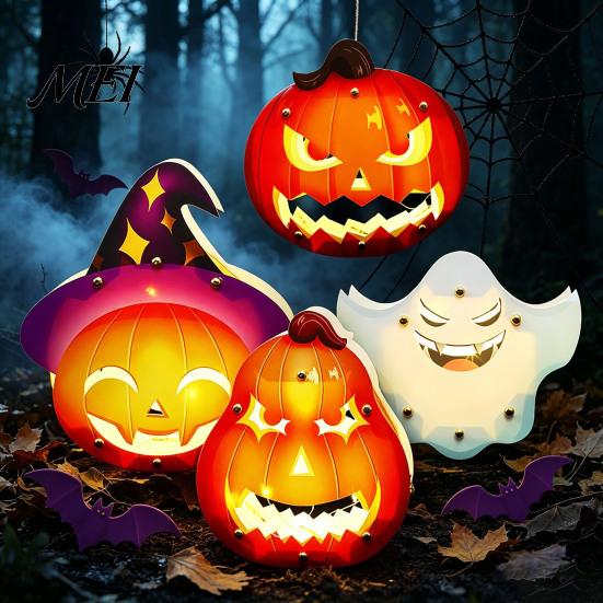 Portable Paper Lanterns for Kids Halloween Lantern Craft Set Kids, DIY Handheld Pumpkin Ghost Art Kits Home Gardening with LED Light Trick or