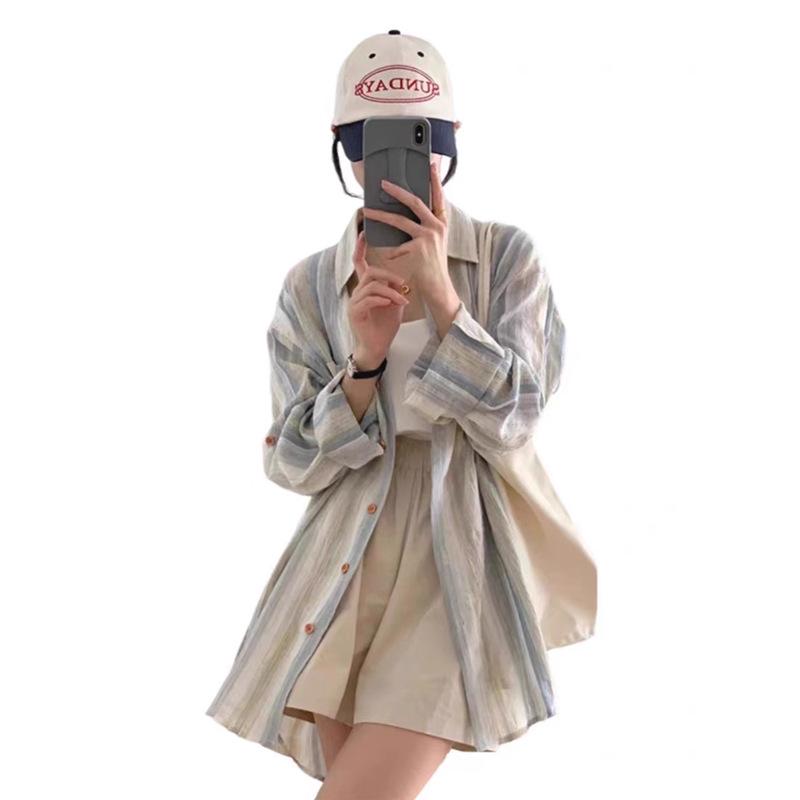 Plus Size Striped Long Sleeve Retro Shirt & Sunscreen Jacket for Women